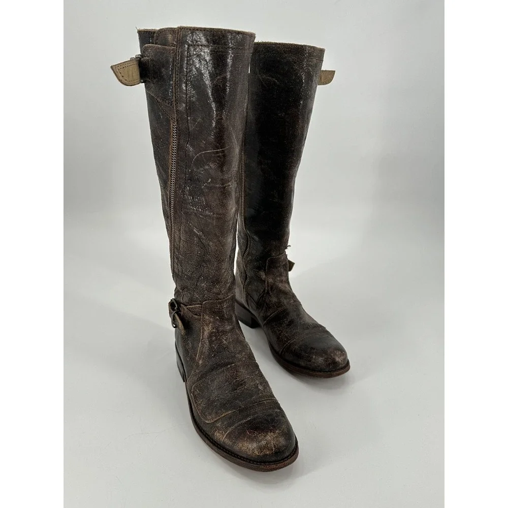 SENDRA Tall Distressed Crackle‎ Finish Leather Women's Riding Boots Size 7.5 BRW